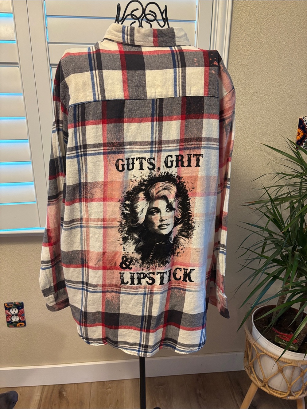 Handmade one of a kind Dolly Parton Plaid Button-Up Distressed Flannel